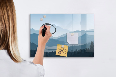 Decoratief glazen wandbord beschrijfbaar en magnetisch Een landschap met een plek voor herinneringen.