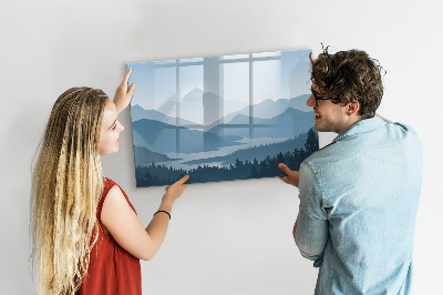 Decoratief glazen wandbord beschrijfbaar en magnetisch Een landschap met een plek voor herinneringen.
