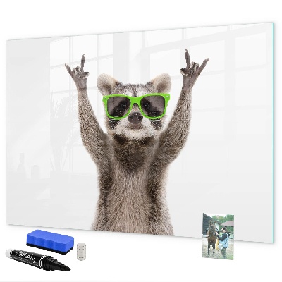 Decoratief glazen wandbord beschrijfbaar en magnetisch Blije wasbeer met foto's