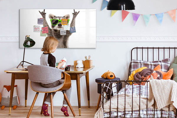 Decoratief glazen wandbord beschrijfbaar en magnetisch Blije wasbeer met foto's