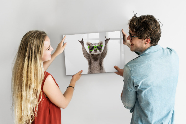 Decoratief glazen wandbord beschrijfbaar en magnetisch Blije wasbeer met foto's