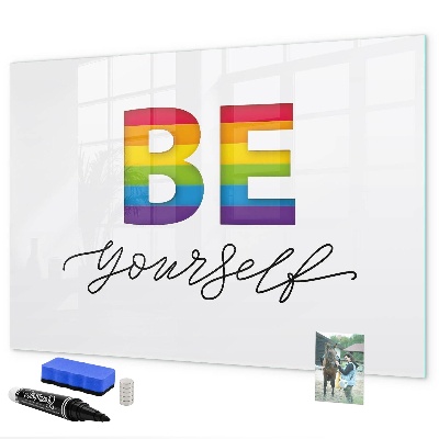 Decoratief glazen wandbord beschrijfbaar en magnetisch Wees jezelf en deel momenten.