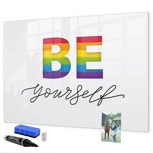 Decoratief glazen wandbord beschrijfbaar en magnetisch Wees jezelf en deel momenten.