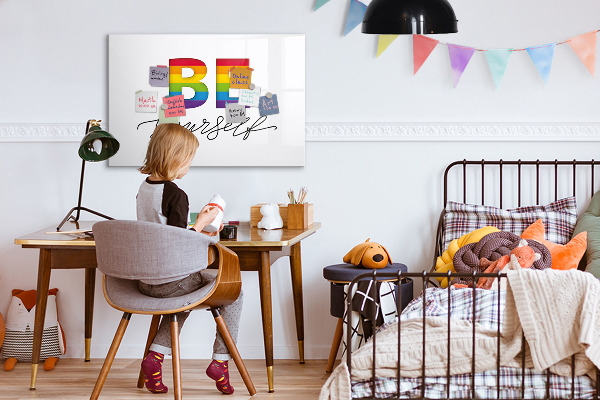 Decoratief glazen wandbord beschrijfbaar en magnetisch Wees jezelf en deel momenten.