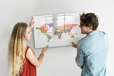Memobord van glas met print inclusief neodymium magneten Wereldkaart met plaatsen om te markeren