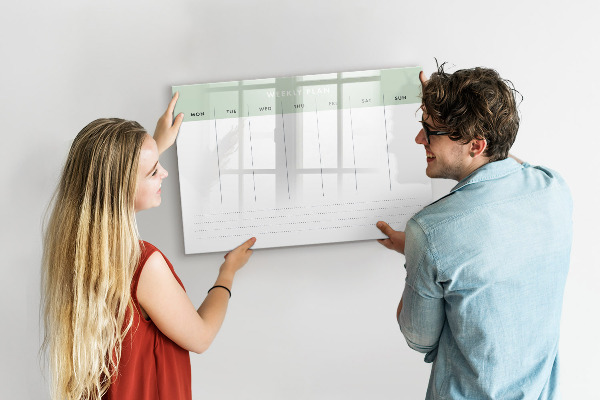 Memobord van glas met print inclusief neodymium magneten Weekplanning met ruimte voor foto's