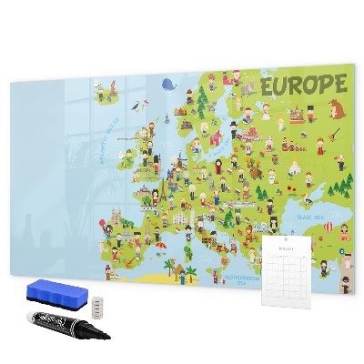 Decoratief glazen wandbord beschrijfbaar en magnetisch Interactieve kaart van Europa om uw reizen te markeren.