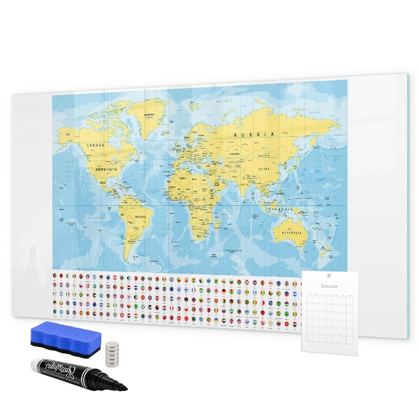 Memobord van glas met print inclusief neodymium magneten Een wereldkaart voor personalisatie en herinneringen.