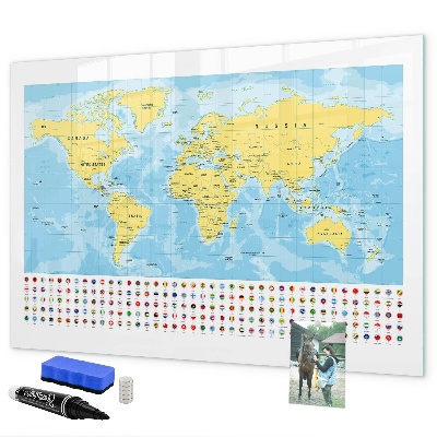 Memobord van glas met print inclusief neodymium magneten Een wereldkaart voor personalisatie en herinneringen.