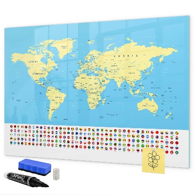 Decoratief glazen wandbord beschrijfbaar en magnetisch Wereldkaart met fotolocaties