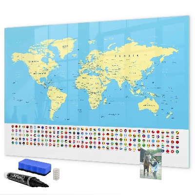 Decoratief glazen wandbord beschrijfbaar en magnetisch Wereldkaart met fotolocaties