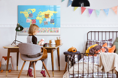 Decoratief glazen wandbord beschrijfbaar en magnetisch Wereldkaart met fotolocaties