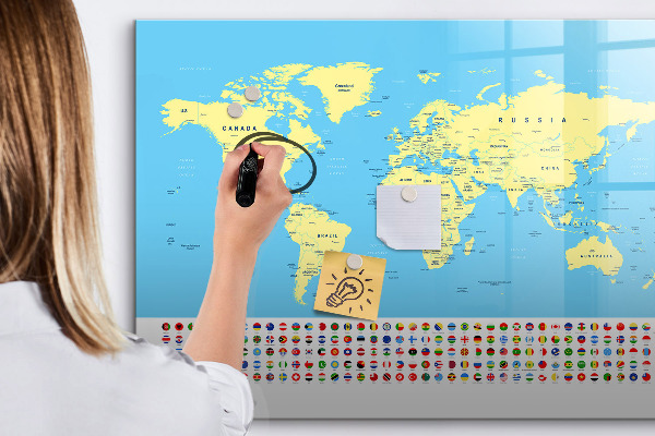 Decoratief glazen wandbord beschrijfbaar en magnetisch Wereldkaart met fotolocaties