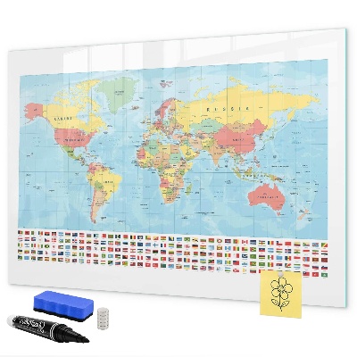 Memobord van glas met print inclusief neodymium magneten Wereldkaart met plaatsen om te markeren