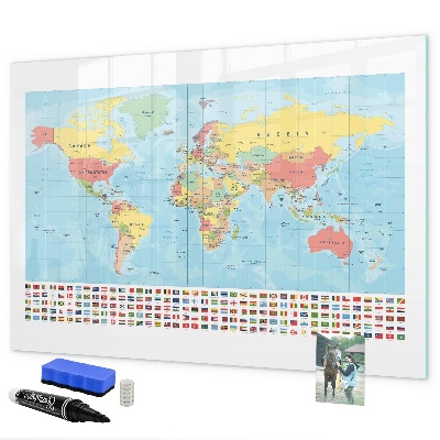 Memobord van glas met print inclusief neodymium magneten Wereldkaart met plaatsen om te markeren