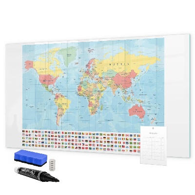 Memobord van glas met print inclusief neodymium magneten Wereldkaart met plaatsen om te markeren