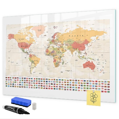 Decoratief glazen wandbord beschrijfbaar en magnetisch Wereldkaart voor fotopersonalisatie