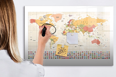 Decoratief glazen wandbord beschrijfbaar en magnetisch Wereldkaart voor fotopersonalisatie