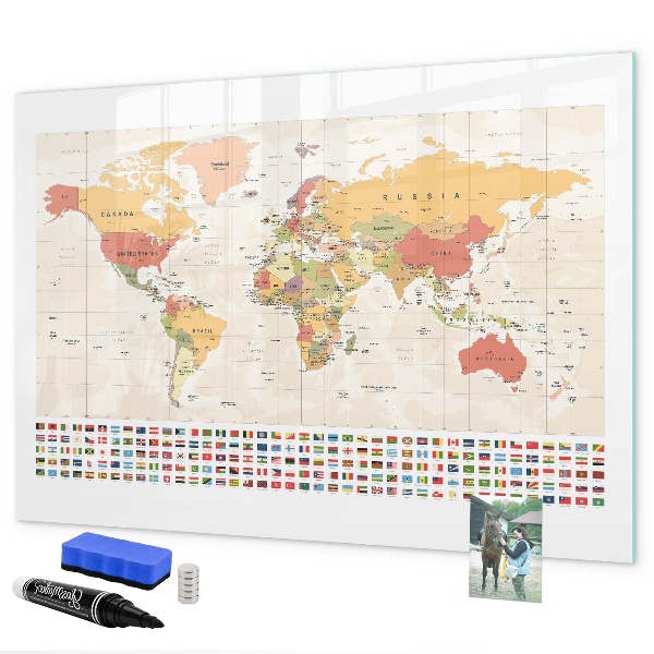 Decoratief glazen wandbord beschrijfbaar en magnetisch Wereldkaart voor fotopersonalisatie