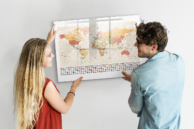 Decoratief glazen wandbord beschrijfbaar en magnetisch Wereldkaart voor fotopersonalisatie