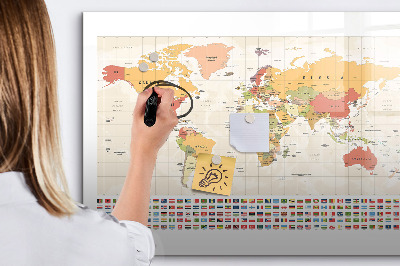 Decoratief glazen wandbord beschrijfbaar en magnetisch Wereldkaart voor fotopersonalisatie