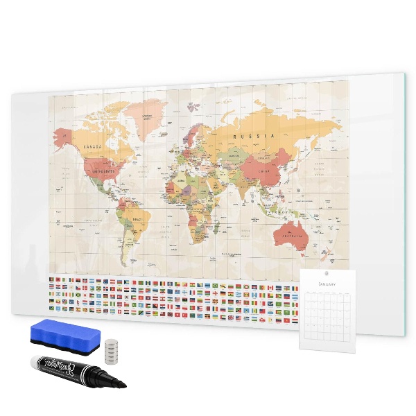 Decoratief glazen wandbord beschrijfbaar en magnetisch Wereldkaart voor fotopersonalisatie