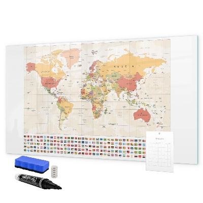 Decoratief glazen wandbord beschrijfbaar en magnetisch Wereldkaart voor fotopersonalisatie