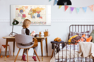 Decoratief glazen wandbord beschrijfbaar en magnetisch Wereldkaart voor fotopersonalisatie