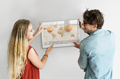 Decoratief glazen wandbord beschrijfbaar en magnetisch Wereldkaart voor fotopersonalisatie