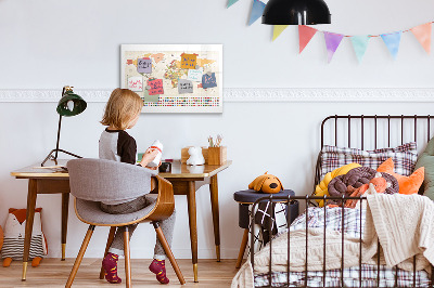 Decoratief glazen wandbord beschrijfbaar en magnetisch Wereldkaart voor fotopersonalisatie