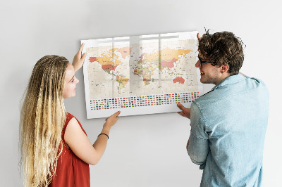 Decoratief glazen wandbord beschrijfbaar en magnetisch Wereldkaart voor fotopersonalisatie