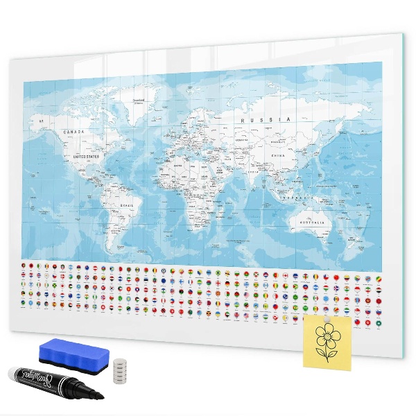 Memobord van glas met print inclusief neodymium magneten Wereldkaart met plaatsen om te markeren