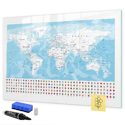 Memobord van glas met print inclusief neodymium magneten Wereldkaart met plaatsen om te markeren