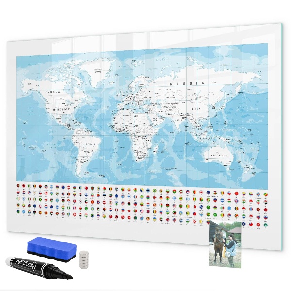 Memobord van glas met print inclusief neodymium magneten Wereldkaart met plaatsen om te markeren