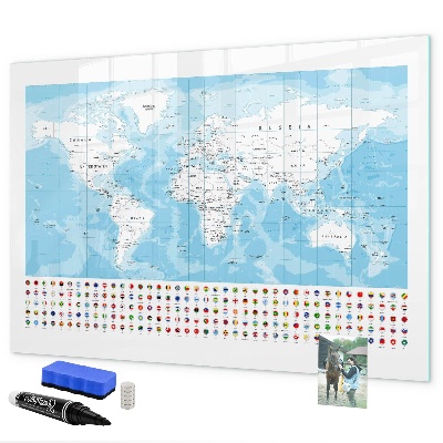 Memobord van glas met print inclusief neodymium magneten Wereldkaart met plaatsen om te markeren
