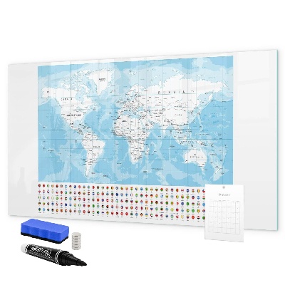 Memobord van glas met print inclusief neodymium magneten Wereldkaart met plaatsen om te markeren