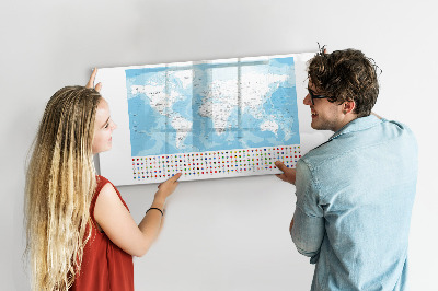 Memobord van glas met print inclusief neodymium magneten Wereldkaart met plaatsen om te markeren