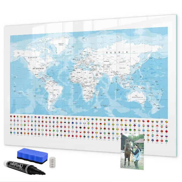 Memobord van glas met print inclusief neodymium magneten Wereldkaart met plaatsen om te markeren
