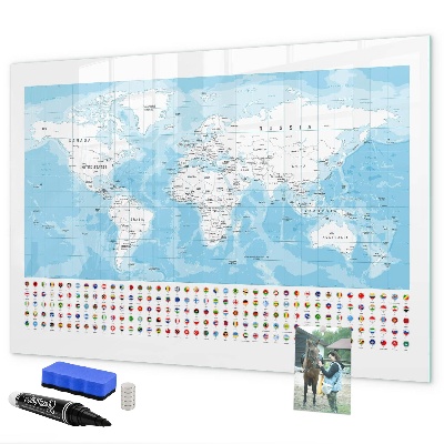 Memobord van glas met print inclusief neodymium magneten Wereldkaart met plaatsen om te markeren
