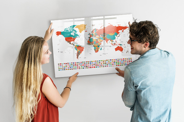 Decoratief glazen wandbord beschrijfbaar en magnetisch Interactieve wereldkaart met foto's
