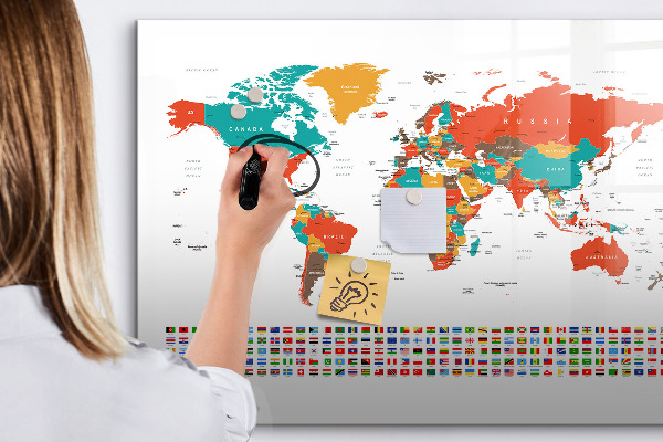 Decoratief glazen wandbord beschrijfbaar en magnetisch Interactieve wereldkaart met foto's