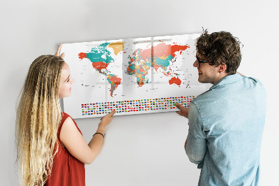 Decoratief glazen wandbord beschrijfbaar en magnetisch Interactieve wereldkaart met foto's