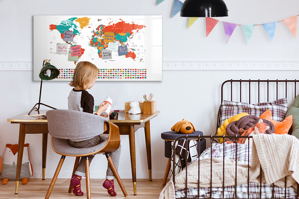 Decoratief glazen wandbord beschrijfbaar en magnetisch Interactieve wereldkaart met foto's