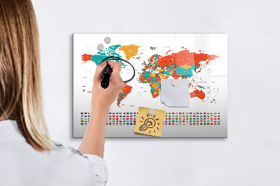 Decoratief glazen wandbord beschrijfbaar en magnetisch Interactieve wereldkaart met foto's