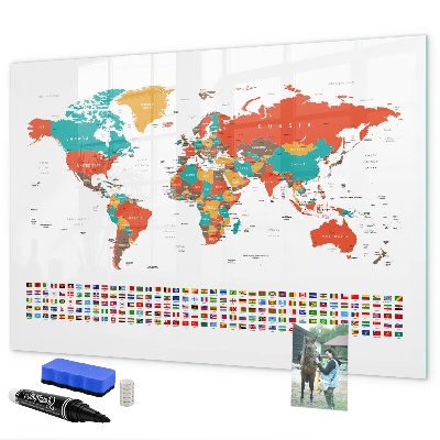 Decoratief glazen wandbord beschrijfbaar en magnetisch Interactieve wereldkaart met foto's