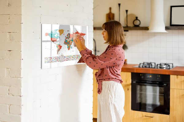 Decoratief glazen wandbord beschrijfbaar en magnetisch Interactieve wereldkaart met foto's