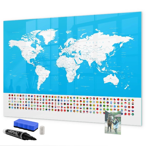 Memobord van glas met print inclusief neodymium magneten Wereldkaart met fotolocaties