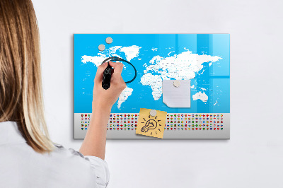 Memobord van glas met print inclusief neodymium magneten Wereldkaart met fotolocaties