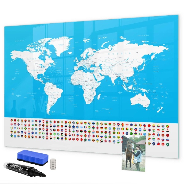 Memobord van glas met print inclusief neodymium magneten Wereldkaart met fotolocaties