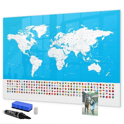 Memobord van glas met print inclusief neodymium magneten Wereldkaart met fotolocaties
